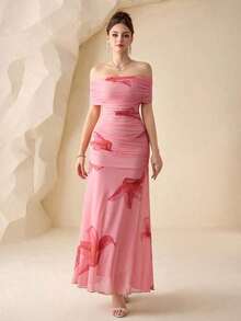 Vestido elegante de mujer con hombros descubiertos y cintura fruncida, perfecto para bodas, citas y ocasiones - Rosa 2 - Ver 8