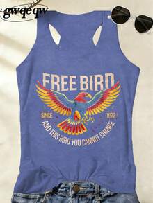 Women's Free Bird Eagle Retro Graphic Racerback Tank Top, 180G Vest Casual Summer Top, Classic Rock Lyric Tees, Vacation Outfits Women, Summer Clothes - 藏藍色4 - 查看 2