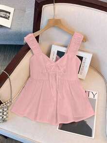 Blusa de estilo vintage para vacaciones con estampado de lunares, fruncida y con nudo delantero, para verano - Rosa - Ver 5