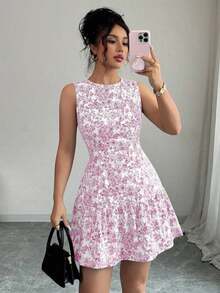 Vestido mini elegante de estilo bohemio con estampado floral, sin mangas y cintura ceñida para mujeres, conjunto de verano con acabado tejido al estilo francés para graduaciones, primavera/verano - Rosa 2 - Ver 1
