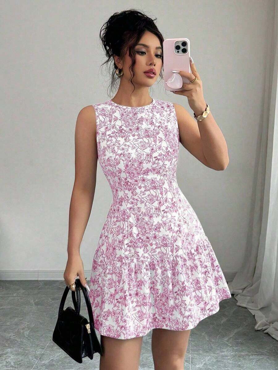 Vestido mini elegante de estilo bohemio con estampado floral, sin mangas y cintura ceñida para mujeres, conjunto de verano con acabado tejido al estilo francés para graduaciones, primavera/verano - Rosa 2 - Ver 1