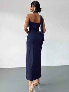 Vestido suelto con mangas acampanadas asimétricas de color marrón moca para mujer, vestido largo de moda, ropa de primavera/verano, adecuado para ir al trabajo, elegante, sexy, vacaciones, playa, estilo bohemio, Hawái, festivales de música, fiestas, atuendo de trabajo - Azul marino - Ver 2