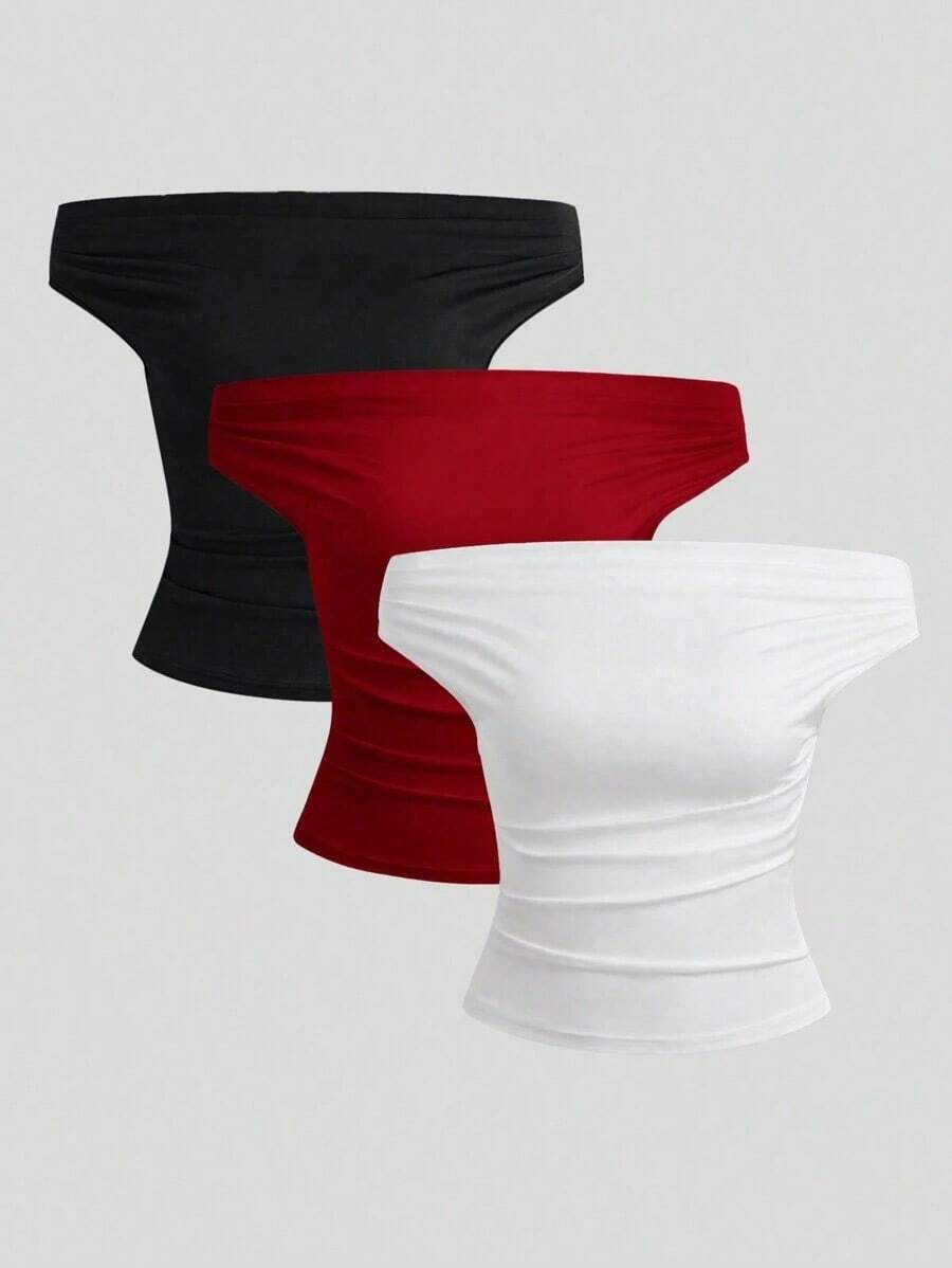 Parte superior sencilla de diseño con hombros descubiertos de unicolor, uso casual diario para mujeres - Multicolor 12 - Ver 1