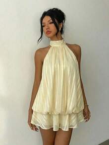 Vestido mini elegante de mujer con estampado de lunares y escote halter sin espalda - Amarillo 2 - Ver 6