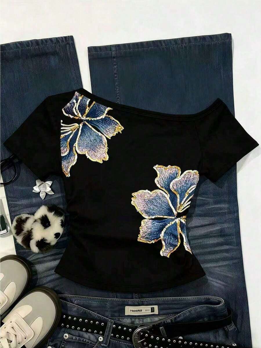Camiseta casual versátil de mujer con hombro asimétrico y mangas cortas a rayas - Multicolor 6 - Ver 1