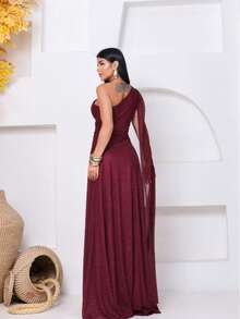 Long, Sparkly, One-Shoulder Party Dress With An Elegant Cape, Perfect For Bridesmaids, Weddings, And Graduations. - Redwood - View 4