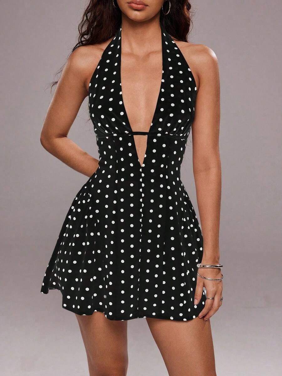 Vestido corto de verano con escote halter y espalda descubierta, con estampado de lunares sexy para mujer - Negro 2 - Ver 1