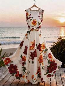 Vestido casual de mujer sin mangas con estampado de posicionamiento simple, vestido acampanado con cintura ceñida, adecuado para verano casual, vacaciones, primavera/verano, oficina, diario, fiesta, playa, graduación, uso versátil de oficina, ves - Multicolor 9 - Ver 4