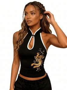 Women's Phoenix Print Halter Tops Sleeveless Mandarin Wrap Neck Crop Vest Backless Keyhole Front Tanks - 黑色 - 查看 8