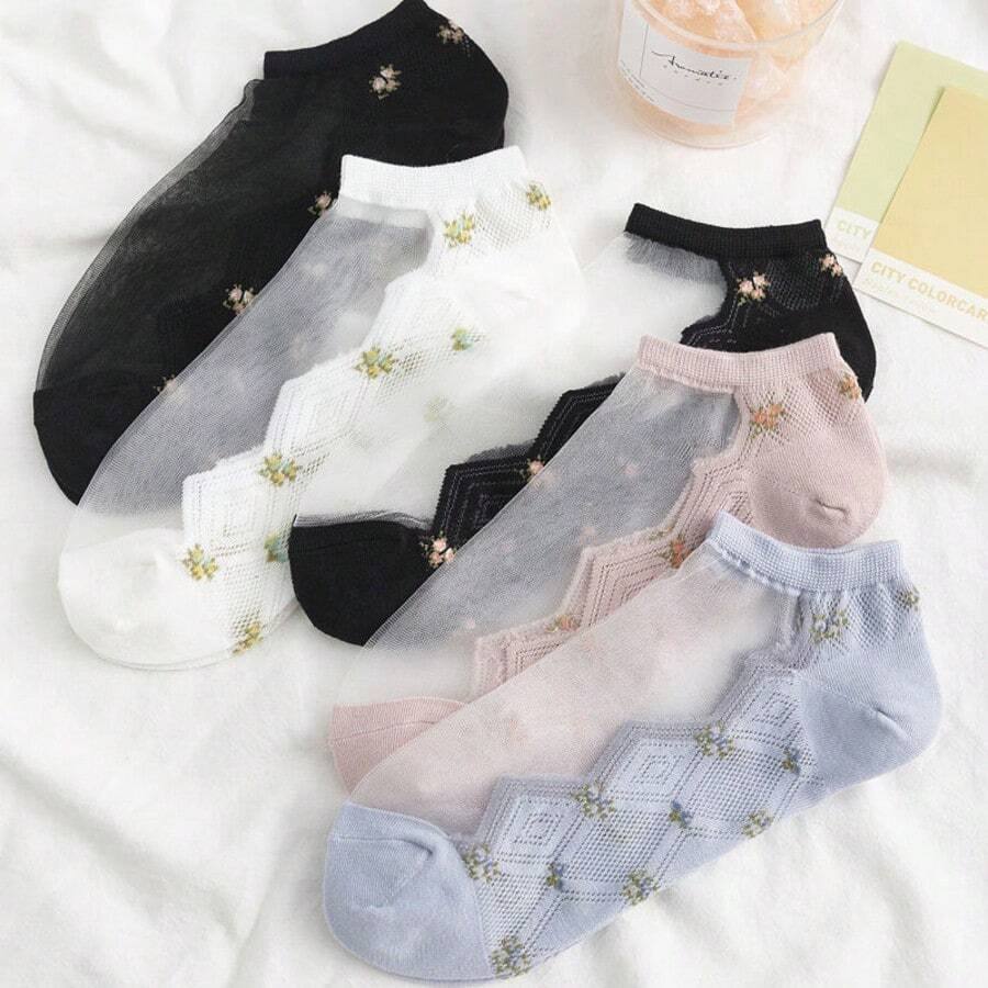 5 Pairs Glass Silk Crystal Socks, Women's Thin Mesh Ankle Socks, Low Vamp Boat Socks For Summer - Multicolor - View 1