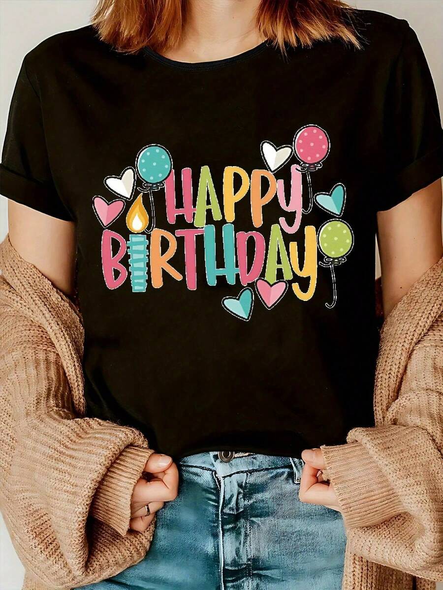 Camiseta de manga corta suave para mujer 2026 con estampado de globo de cumpleaños y "Feliz Cumpleaños", top casual de cuello redondo - Rosa/Amarillo/Morado/Azul, atuendo para fiesta, ropa casual de primavera/verano, camiseta lavable a máquina para fiesta de cumpleaños, camiseta para maestra, camiseta de mujer para maestra, camiseta de profesor, camiseta de mujer para maestra, camiseta de profesor, top de profesor, camiseta de profesor, camiseta estampada para mujer, camiseta amable para mujer, regalo para el Día del Maestro, atuendo para maestra, camiseta para maestra, educador de educación infantil, camiseta de maestro, tercer cumpleaños, camiseta infantil, camiseta de "Feliz Cumpleaños", camiseta para maestra, camiseta de feliz cumpleaños. - Negro - Ver 1