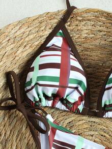 Maiô Bikini Feminino Retrô Xadrez com Design de Gola Contrastante, Conjunto de Maiô de Duas Peças Ultra Sexy para Férias na Praia, Primavera Verão 2026 - Multicolorido - Visão 4