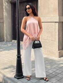 Top sexy casual de mujer con tirantes finos sin mangas, camisola de satén con dobladillo asimétrico de malla, para vacaciones, despedidas de soltero y fiestas de cumpleaños, rosa de verano - Rosa - Ver 1