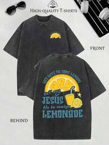 Men's 2026 Vintage Style Lemonade Print T-Shirt - Vintage Lemon And Jesus Lemonade Design On Front And Back, Distressed Short Sleeve T-Shirt, Casual Summer Lemonade Stand Theme, Crew Neck, Available In Large And Extra Large Sizes, High Quality Cotton Wax Print T-Shirt, Retro Style, Fashion Brand, Men's T-Shirt, Beach Must-Have, Summer T-Shirt For Men, Holiday Gift, Perfect Gift, Valentine's Day Gift (Retro Style, Unisex) - 黑色 - 查看 8