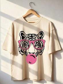 1 Piece. New Summer 2026 Collection, Green Short-Sleeved T-Shirt With A Round Neck, Casual Style, Loose And Versatile, With A Bubble And Tiger Mouth Print, For Women, Ideal For Vacations And Everyday Wear. 100% Cotton, 180g. - 黑色 - 查看 8