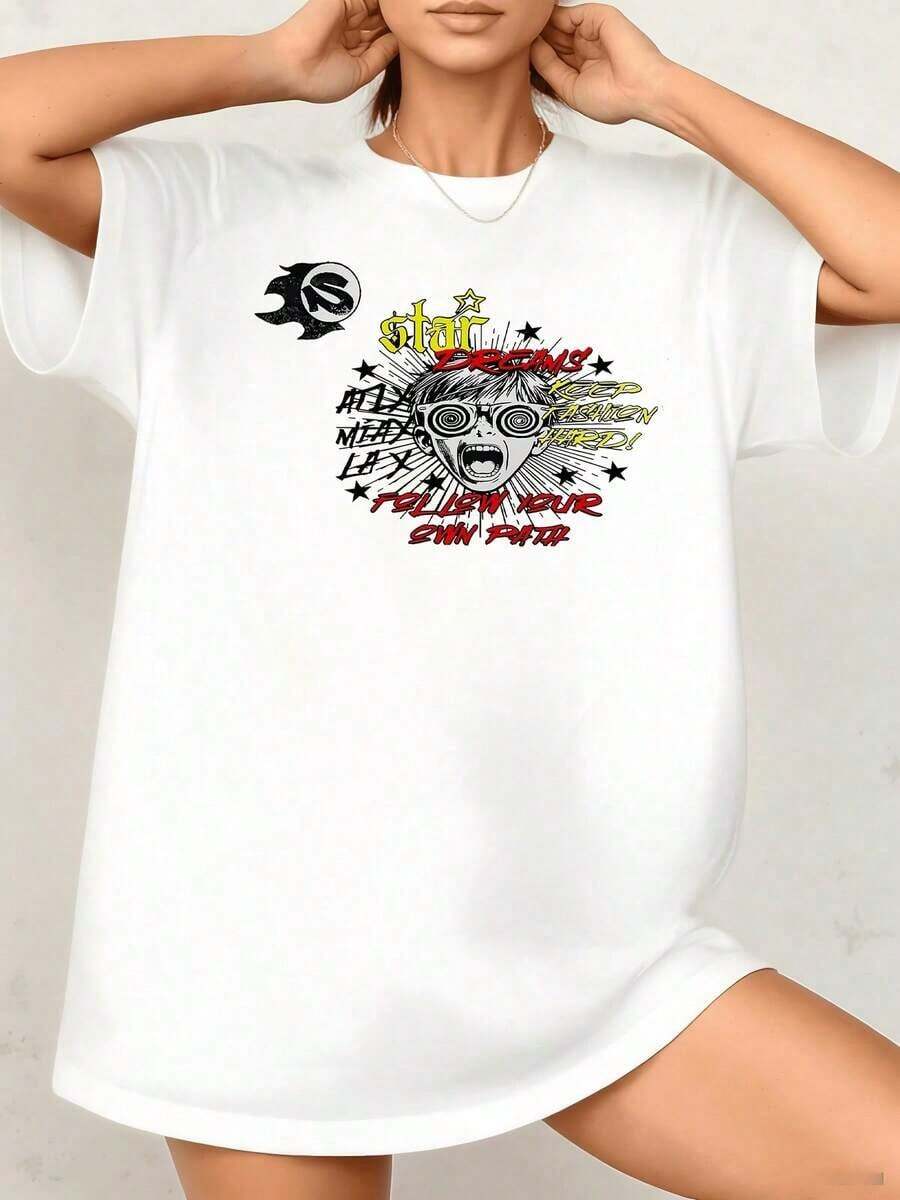 Vibrant Print With Motivational Phrases And A Central Star Surrounded By Rays And Figures That Inspire Positive Energy. Women's T-Shirt, 100% Cotton. - 白色 - 查看 1