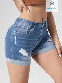 Shorts en mezclilla desgarro bajo de doblez - Azul 2 - Ver 3