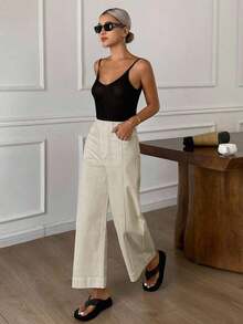 Pantalones holgados con vuelo y bolsillos para mujer, pantalones casuales de unicolor estilo callejero para otoño - Caqui - Ver 5