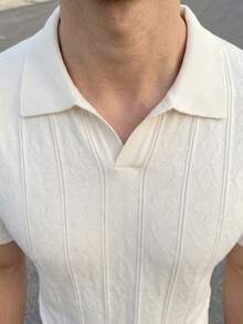 ALTZTAR Men's Cable Cable Short Sleeve Ribbed Casual Knit Seagull Collar Top - White - View 5
