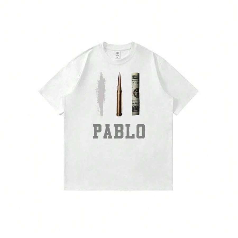 Camiseta unisex con estampado de dibujos animados de Narco-Pablo, balas y dinero, estilo urbano y casual de verano. - Blanco - Ver 1