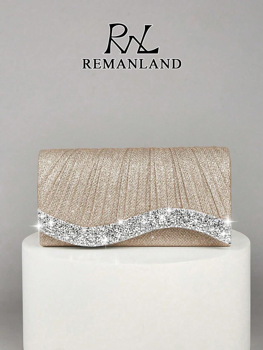 REMANLAND 1 chiếc túi vuông nhỏ lấp lánh có dây xích, kiểu dáng gấp gọn, nhăn nhẹ, dành cho nữ, lý tưởng cho đám cưới, tiệc tùng, dạ hội, tiệc tối và tiệc chiêu đãi, thanh lịch khi kết hợp với váy dạ hội, váy đính sequin và trang phục cô dâu. - Rượu sâm banh - Xem 1