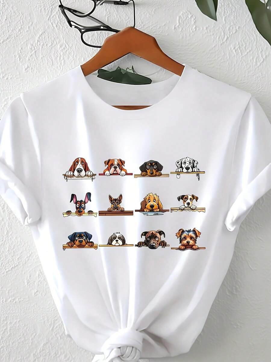 Women's 100% Cotton T-Shirts 2026 - Women's Casual Short Sleeve T-Shirt - Dog Breed Pattern Print, Soft Round Neck, Black, Machine Washable, Spring Summer Fashion Top, Cute T-Shirt, Weekend Style, Breathable Shirt For Pet Owners, Korean Style - White - View 1