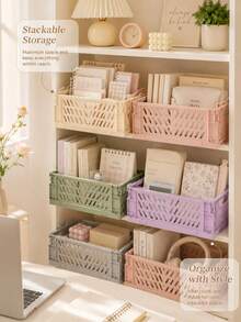 1pc Foldable Plastic Storage Box, Light Color Stackable Desktop Organizer Basket Suitable For Stationery, Cosmetics, Snacks And Home Shelves School Supplies - S Size (random Color) - View 6
