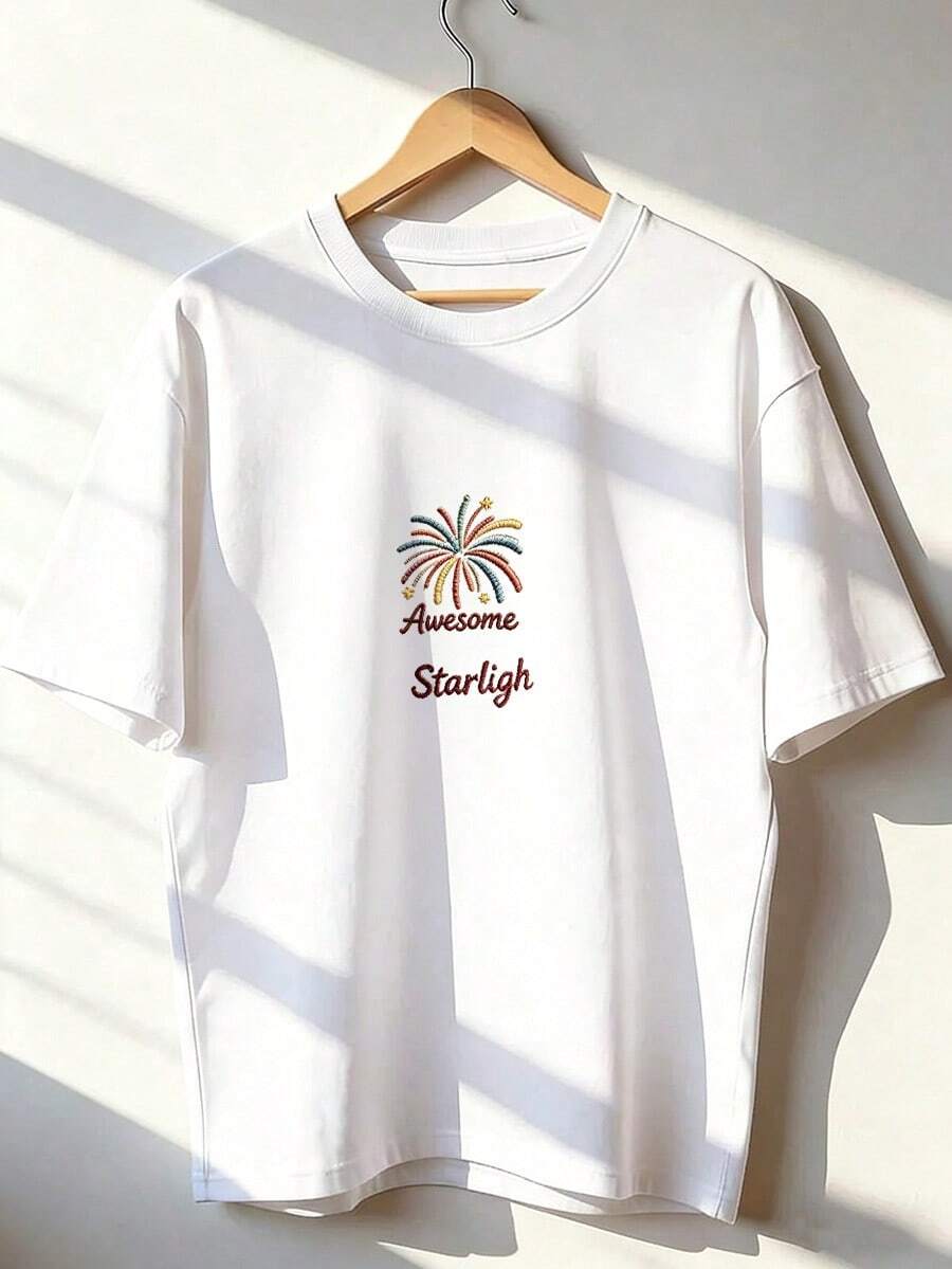 "Awesome Starlight" Fireworks Embroidery T-Shirt, Fashionable Short-Sleeved T-Shirt For Spring/Summer 2026, Made In Mexico, 180 Grams. Cartoon Print, Couple Design, Suitable For Indoor Or Outdoor Wear. Crew Neck, Unisex, Ideal For Office And Leisure. One-Pack. - WH-P631577SLNDXZGY448 - 查看 1