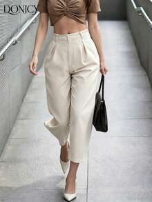 DONICY Pantalones anchos de tiro alto y plisados en color beige, con estilo de corte recto, adecuados tanto para uso casual como de oficina - Albaricoque - Ver 7