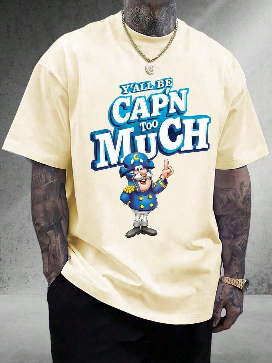 Men's Basic Graphic Tee | "Y'all Be Cap'n Too Much" Design | 100% Cotton | Soft & Comfortable | Casual Wear | Gift For Him | Unisex Crew Neck Tee | Made In USA | Factory Direct: Men's Funny Cartoon Print Tee. - 藍色 - 查看 1