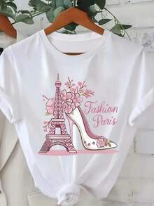 Camiseta de verano para mujer: Top de manga corta con un gráfico termotransferible de la Torre Eiffel - Un estilo suave y femenino, con base y un estampado parisino en tonos rosados. - Blanco - Ver 1