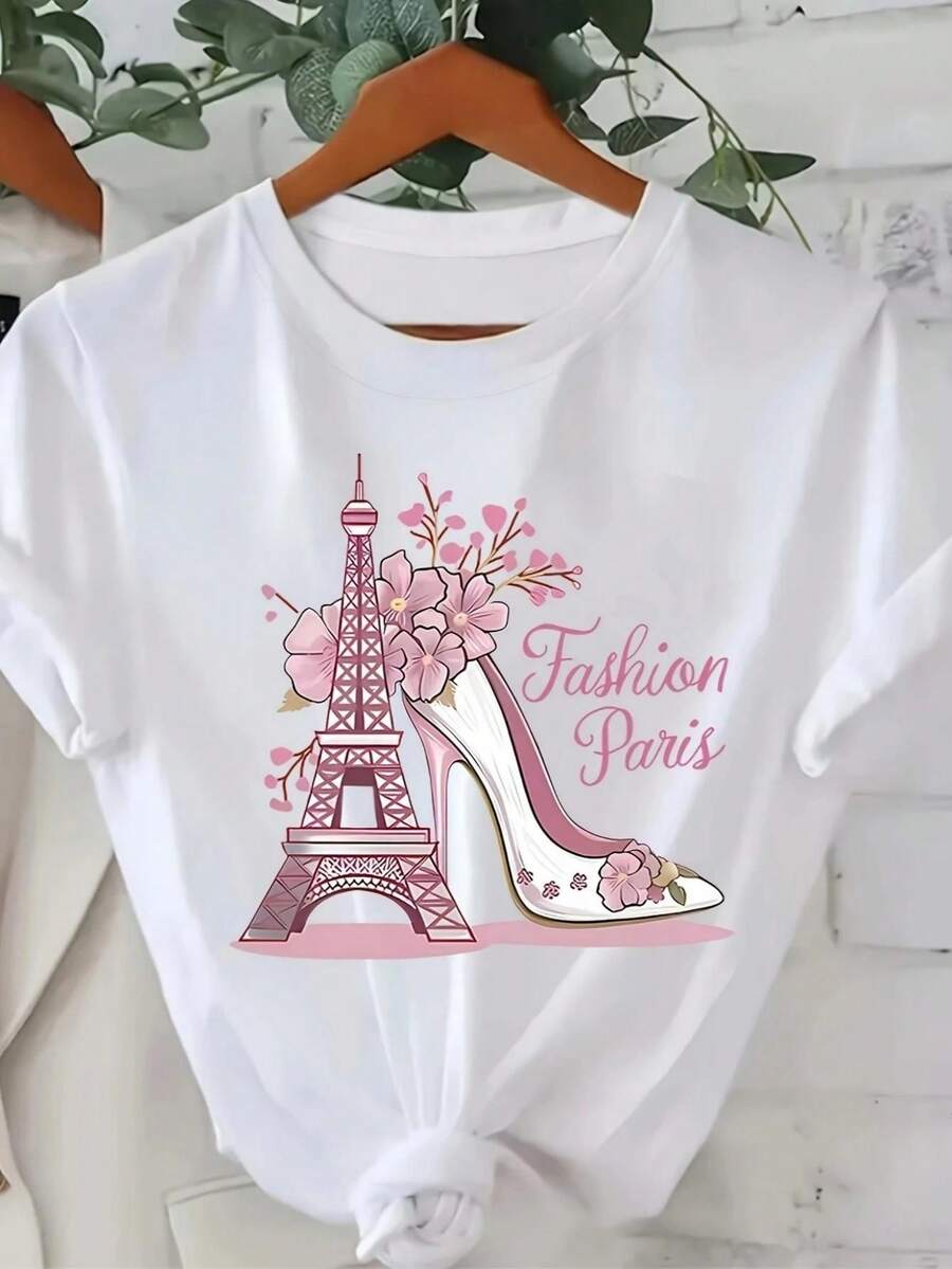 Camiseta de verano para mujer: Top de manga corta con un gráfico termotransferible de la Torre Eiffel - Un estilo suave y femenino, con base y un estampado parisino en tonos rosados. - Blanco - Ver 1