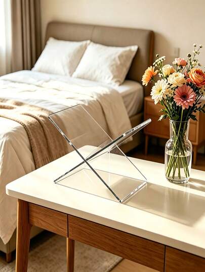 1 kệ sách để bàn 4 tầng bằng acrylic trong suốt, kiểu dáng tối giản hiện đại.
