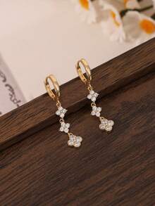 Bông tai mặt dây chuyền hình cỏ bốn lá mạ vàng 14K, kiểu dáng dài thanh lịch dành cho nữ, trang sức cô dâu dự tiệc. - Vàng - Xem 6