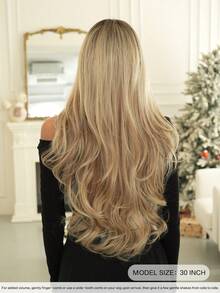 7JHH WIGS Extra Long Body Wave Ombre Blonde Wig For Women 32 Inch Wavy Curly Wig With Bangs Dark Roots, Natural Looking Fluffy Synthetic Heat Resistant Fiber Hair Wig For Daily Wear, Music Festival Party Use - 漸變金色 - 查看 2