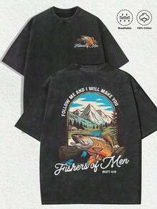 Men's Graphic T-Shirts, Vintage Trout Fishing Print T-Shirt, Vintage, Christian, Nature, Casual, Streetwear, For Men (Retro Style, Unisex) - 灰色 - 查看 1