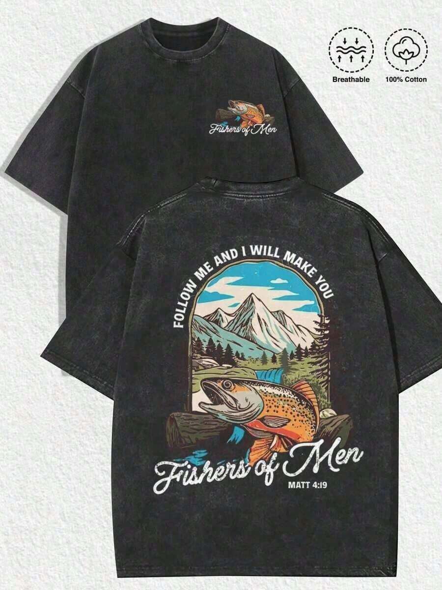 Men's Graphic T-Shirts, Vintage Trout Fishing Print T-Shirt, Vintage, Christian, Nature, Casual, Streetwear, For Men (Retro Style, Unisex) - 灰色 - 查看 1