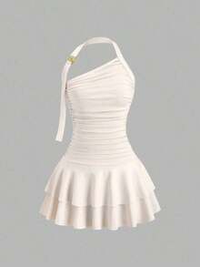 Nuevo diseño de vestido mini para mujer con falda en forma de pastel, cuello halter, y ribete metálico en espiral que estiliza la silueta - Albaricoque - Ver 1