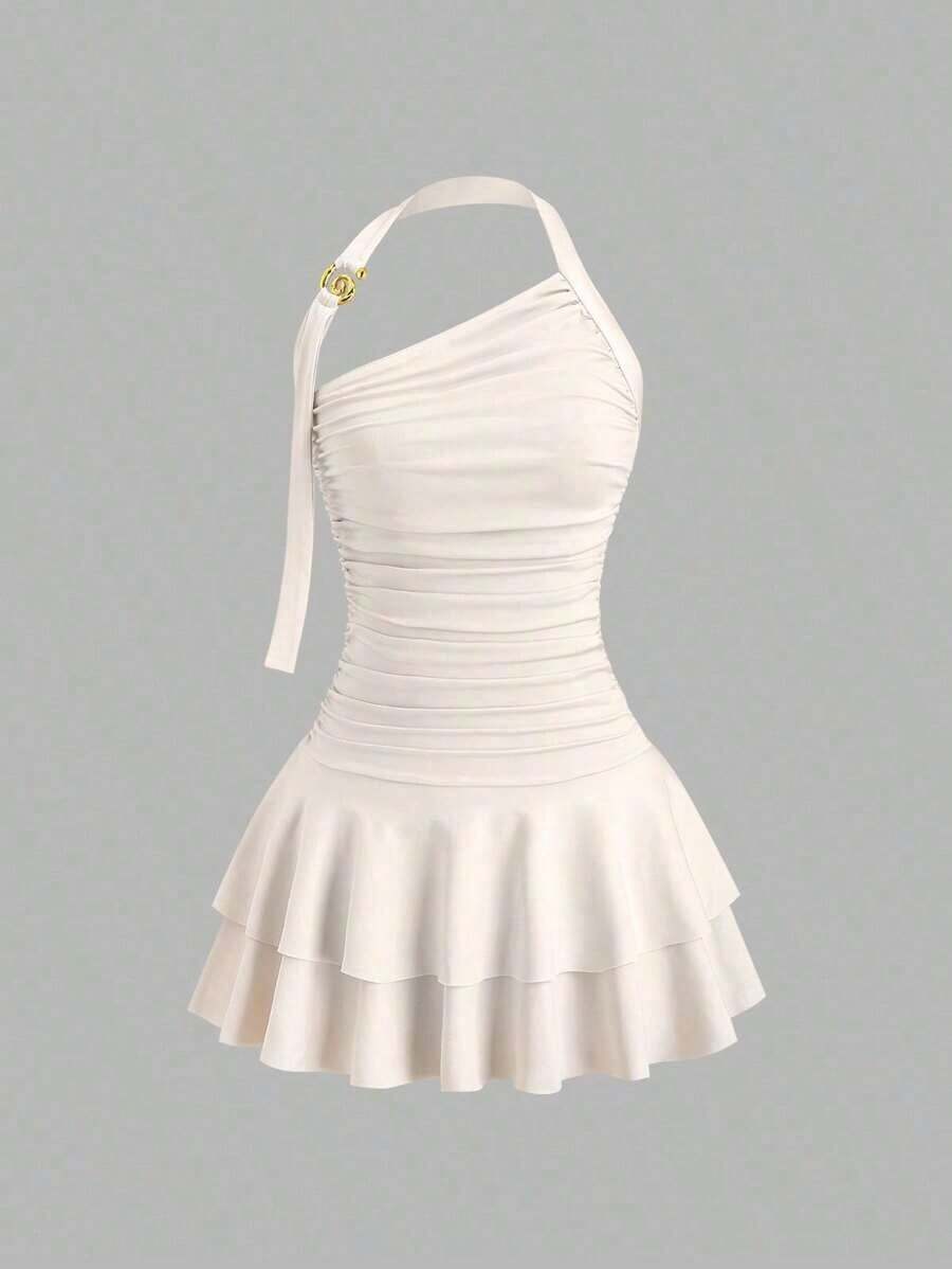 Nuevo diseño de vestido mini para mujer con falda en forma de pastel, cuello halter, y ribete metálico en espiral que estiliza la silueta - Albaricoque - Ver 1