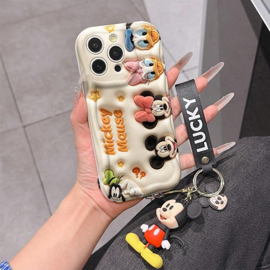 Disney Mickey Mouse Clubhouse Phone Case : 3D Fluffy Pattern Border Protector Phone Soft Phone Case With A Free Cute Mickey Bracelet Chain Lanyard, Mickey, Minnie, Goofy, Donald Duck, Daisy Duck, Pluto, For Apple 17 Promax 17 Pro 16 15 14 13 12 11 Pro Max XS Max X XR Soft Cover Summer Phone Case - trắng - Xem 1