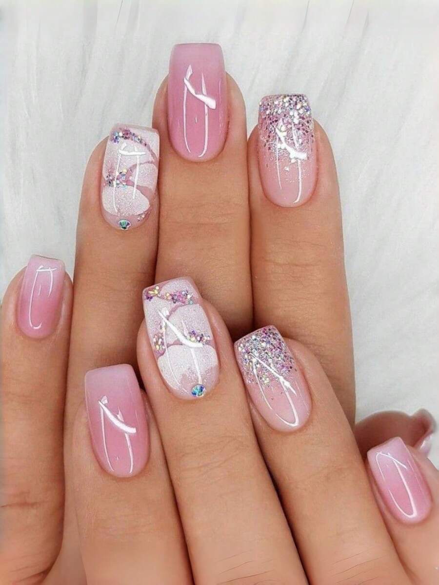 24pcs Medium European Square False Nails, Nude Pink Cherry Blossom Gradient With Sparkling Crushed Rhinestones And Gentle Glitter False Nails, Mother's Day Gift, Full Coverage And Removable, Suitable For Parties, Proms, And Daily Wear - Pink - View 1