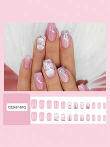 24pcs Medium European Square False Nails, Nude Pink Cherry Blossom Gradient With Sparkling Crushed Rhinestones And Gentle Glitter False Nails, Mother's Day Gift, Full Coverage And Removable, Suitable For Parties, Proms, And Daily Wear - Pink - View 2