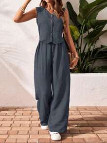 Frenchy Set de 2 piezas para mujer de top sin mangas y pantalones de estilo casual con un solo botón, para verano - Niebla azul - Ver 7