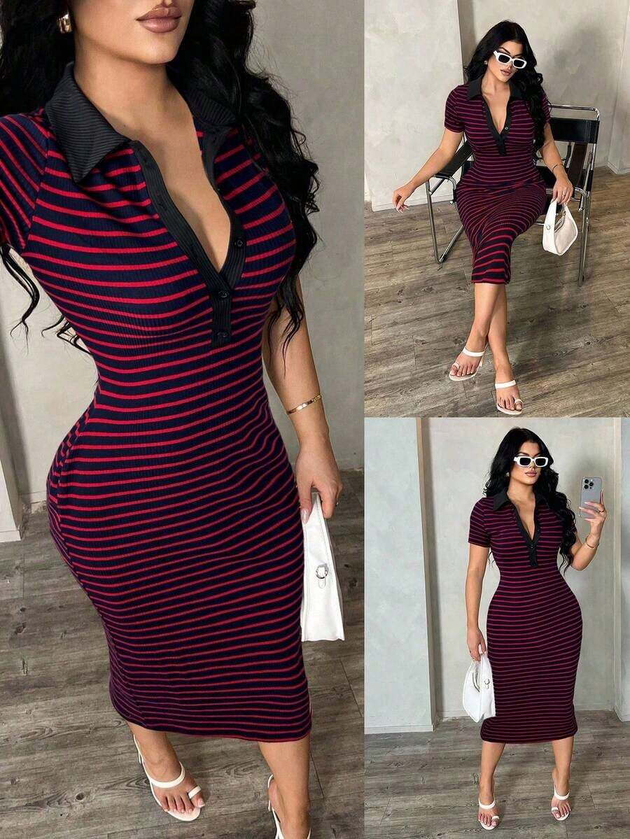 Vestido polo de manga corta a rayas blanco y negro de estilo minimalista y casual para ir al trabajo, vestido de punto de media longitud con ajuste ceñido y gran elasticidad, vestido elegante francés - Multicolor - Ver 1