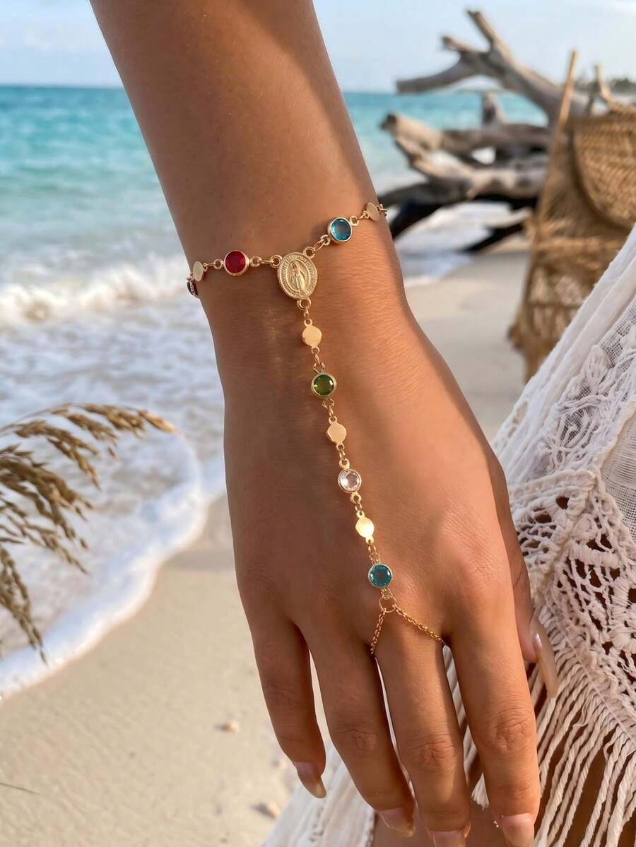 1 chiếc vòng tay mặt dây chuyền tròn bằng thủy tinh nhiều màu sắc phong cách Bohemian cổ điển, thích hợp đeo hàng ngày, đi biển và đi nghỉ mát (Màu thủy tinh ngẫu nhiên) - Đầy màu sắc - Xem 1