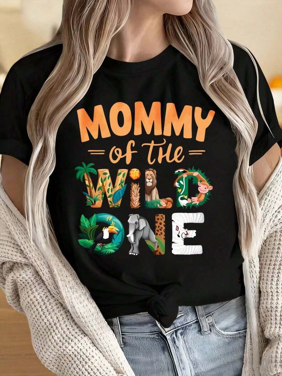 Playeras de Mujer, Camiseta Casual de Manga Corta con Cuello Redondo y Estampado, Camiseta con Estampado de Animales de la Selva para Mujer, Camiseta "Madre del Niño Salvaje", Bonito Regalo para Mamá, Ideal para Fiestas de Navidad, Actividades Deportivas, Fiestas de Vacaciones, Salidas, Deportes y Otros Regalos Festivos (220G). - Negro - Ver 1
