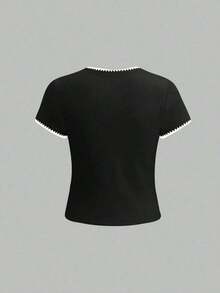 Camiseta casual de manga corta y cuello redondo con gráfico de niña de mezclilla para mujer, de verano - Multicolor - Ver 5