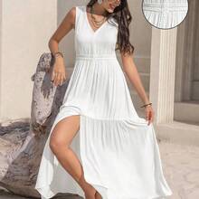 Long Sleeveless Casual Vacation Dress With Lace Collar, Suitable For Bohemian, Beach, Tropical Resort Occasions, New Year Party Outfit White Summer Elegant - Naranja - Ver 2