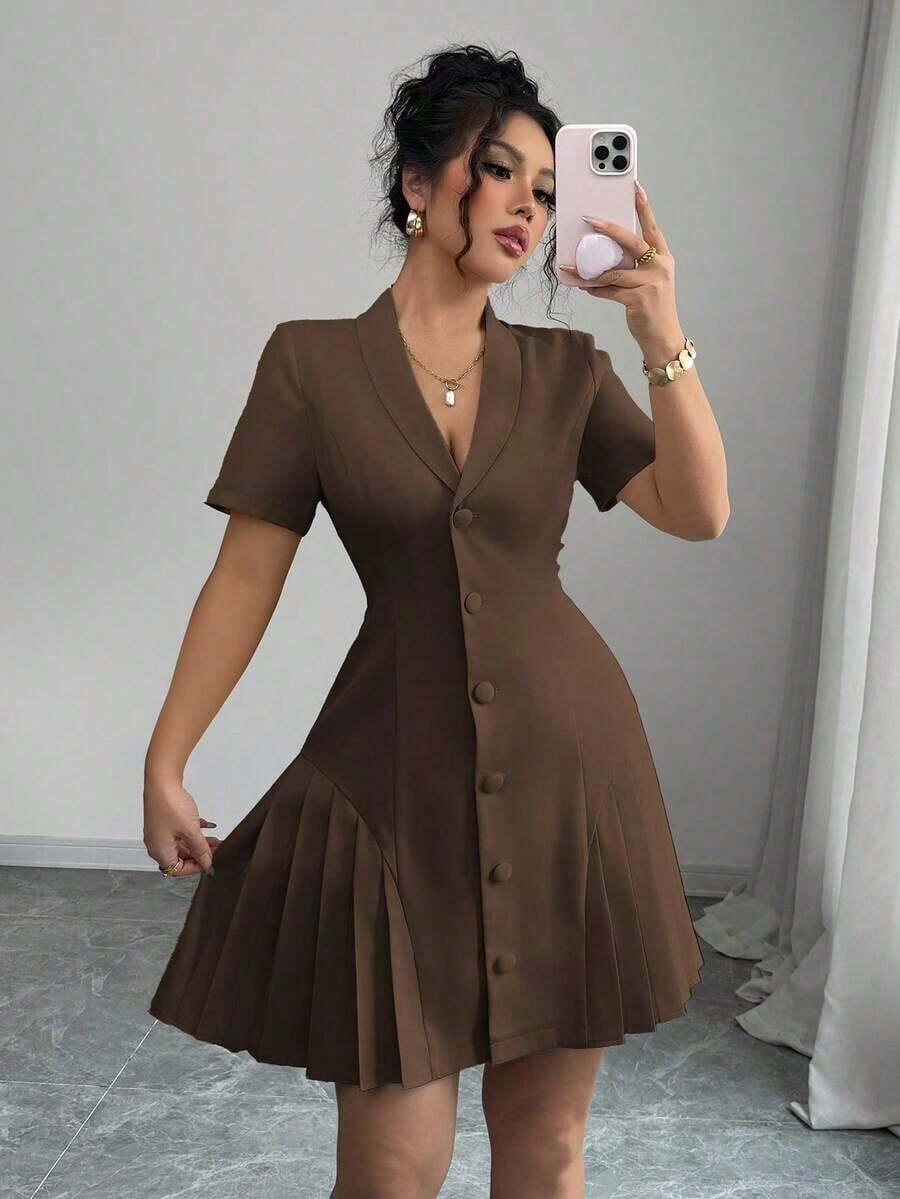 Vestido elegante y casual de verano con cuello reversible, decoración de botones, cintura ceñida, volantes y manga corta, en color liso, para primavera/verano - Marrón - Ver 1