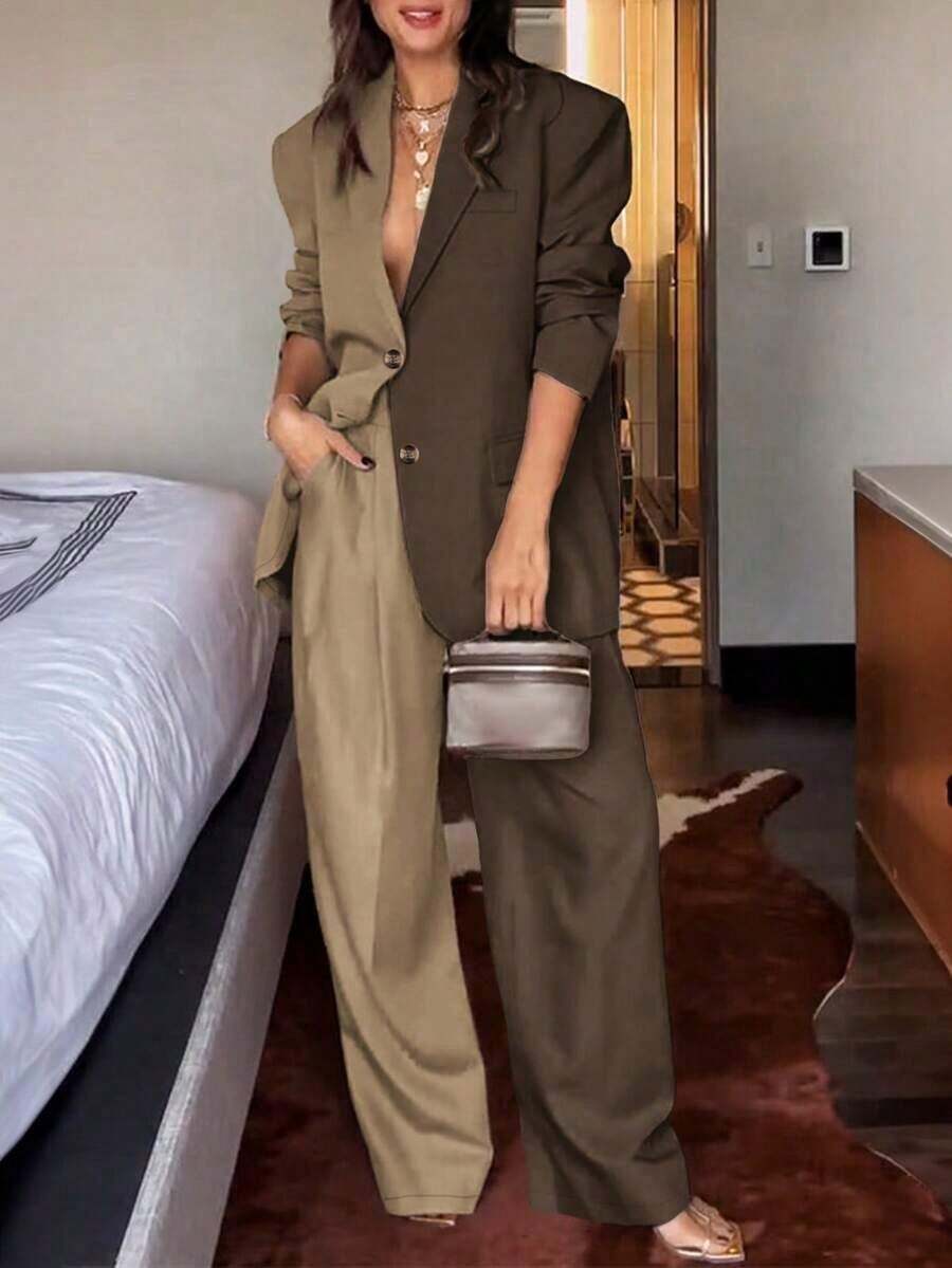 Conjunto de blazer y pantalón casual y versátil para uso diario con bloques de color, de manga larga, para todas las estaciones, primavera - Caqui - Ver 1
